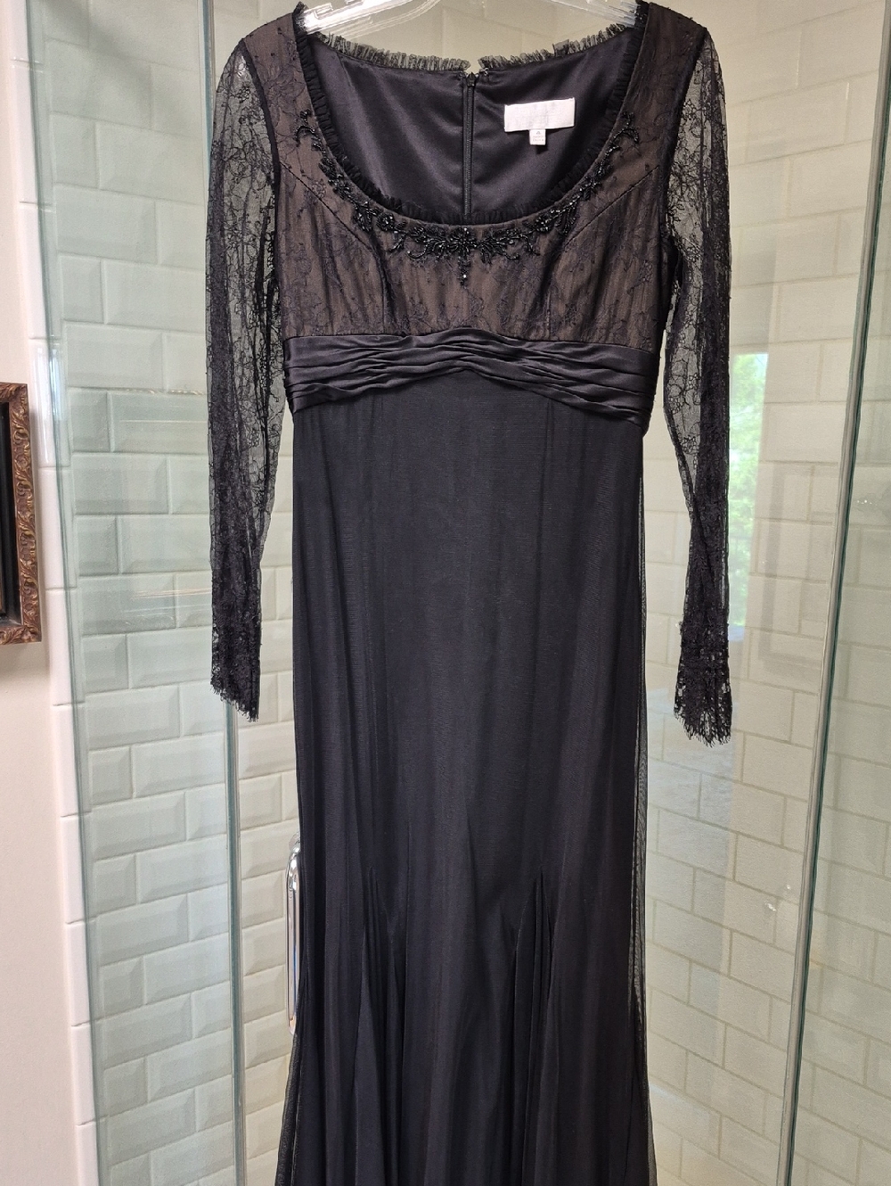 Badgley Mischka Black Event Dress/Sheer Overlay Skirt/Long Lace Sleeves Sz. 4